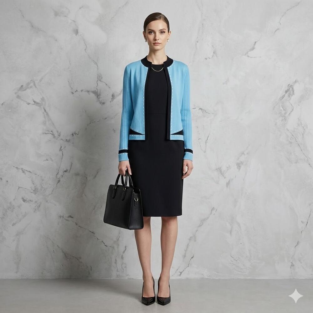 Ming Wang Blue & Black Studded White Dots Knit Jacket Size Small Cardigan